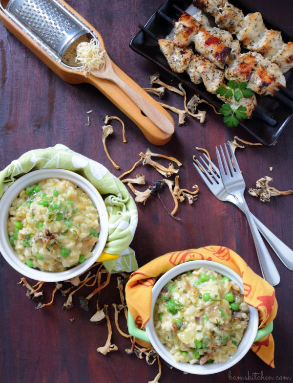 Chanterelle Mushroom Risotto  and a side of grilled chicken.