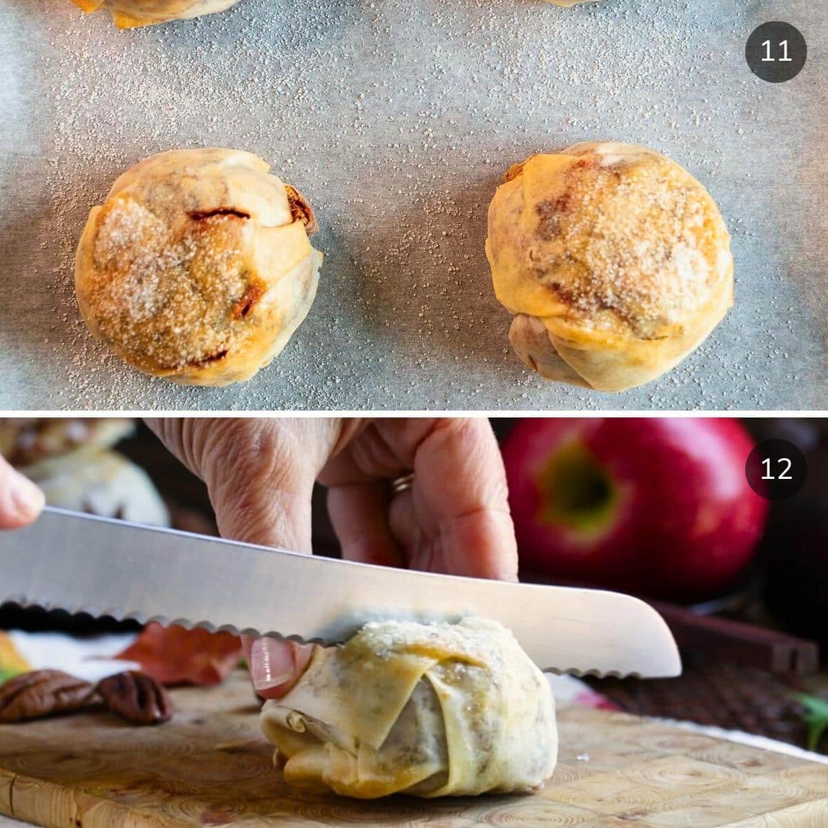 mooncakes hot out of the oven and getting cut in half.