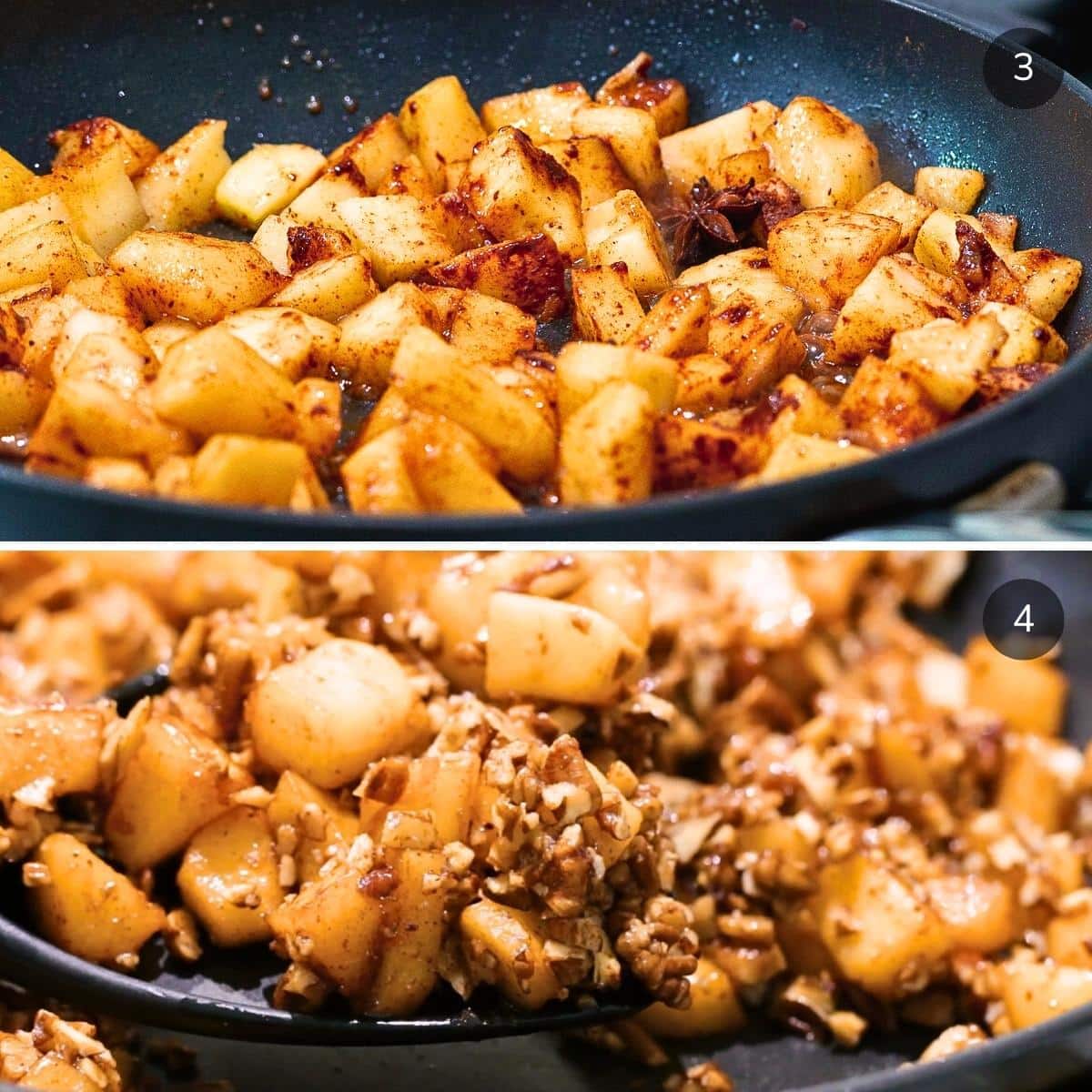 Stir frying the apples and spices together and adding in the pecans.