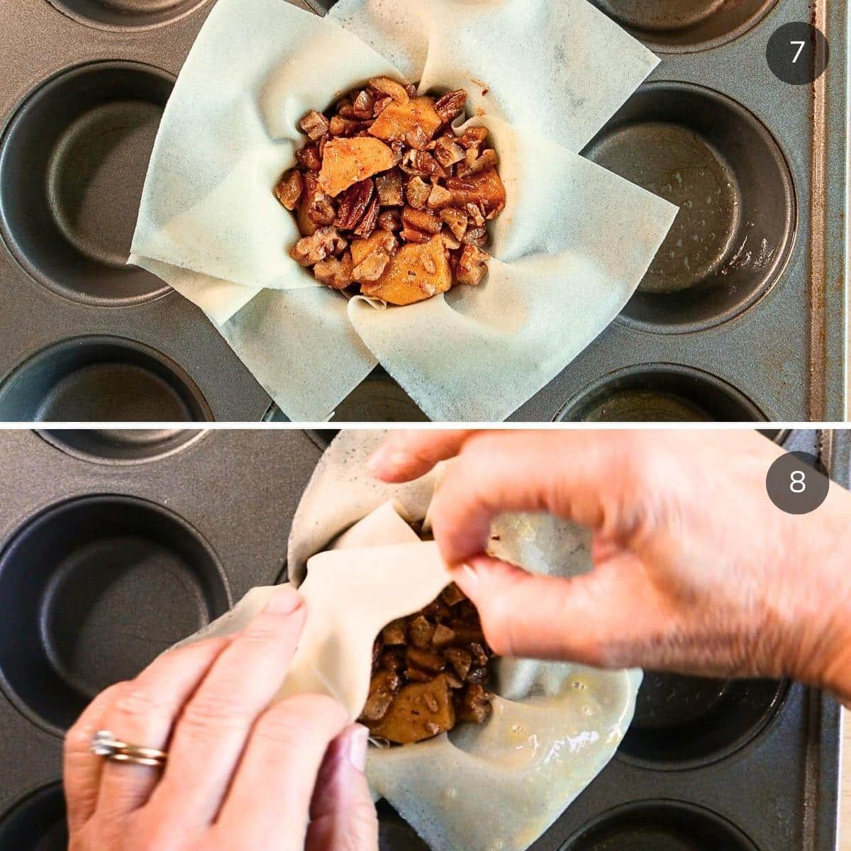 Stuffing the apple pecan mixture into the spring roll wrappers inside the muffin tin and folding them up.