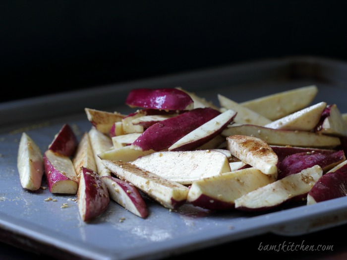 Sweet potatoes prepped and ready for the oven.