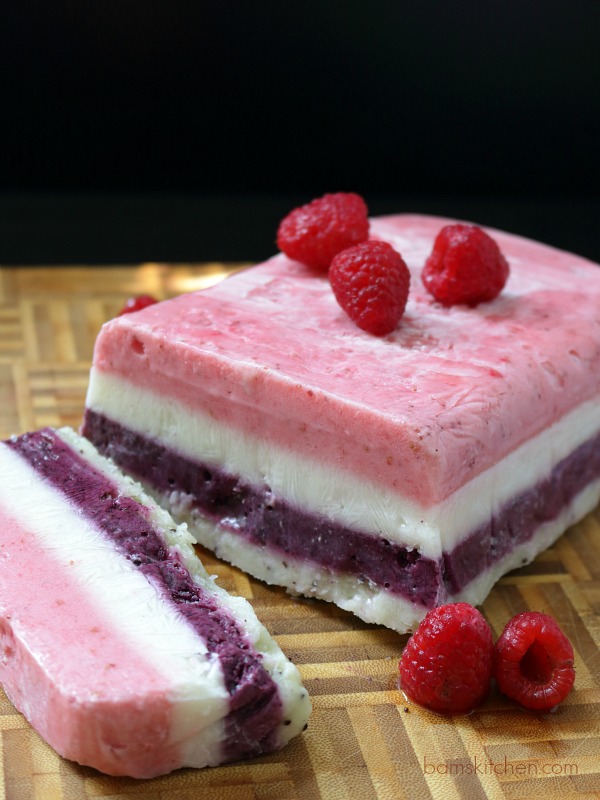 Ice Cream cake cut in layers showing the layers.