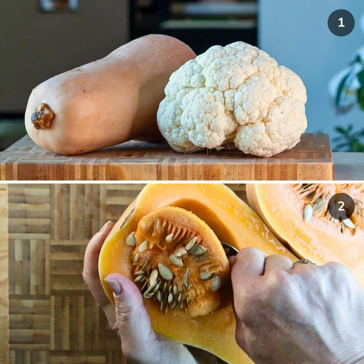 Whole fresh butternut squash and cauliflower on a wooden chopping board. Removing seeds from squash.