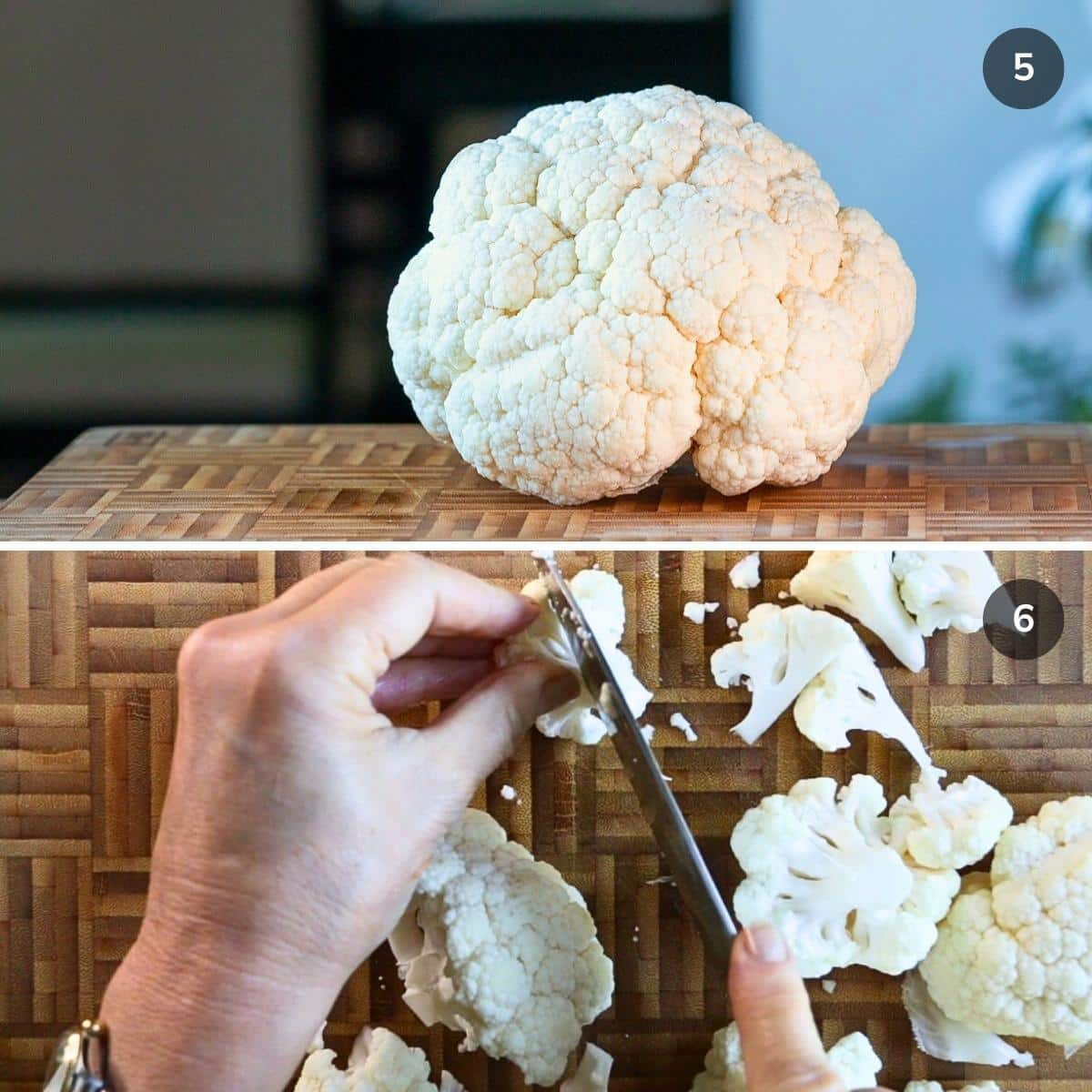 Chopping cauliflower into little bite size pieces.