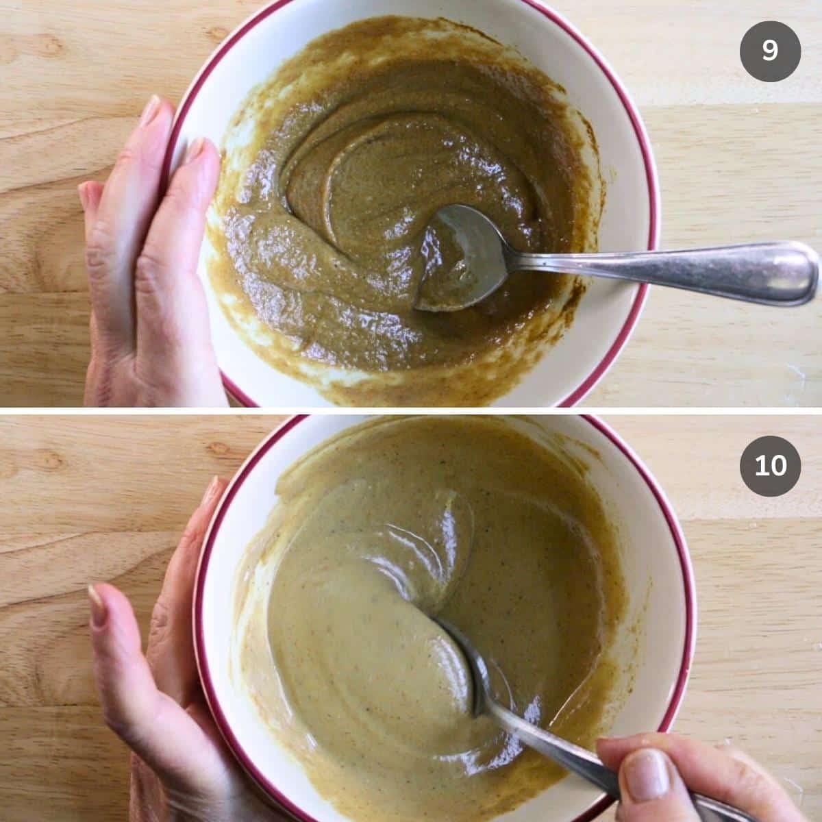 Stirring up the curried tahini maple dressing. 