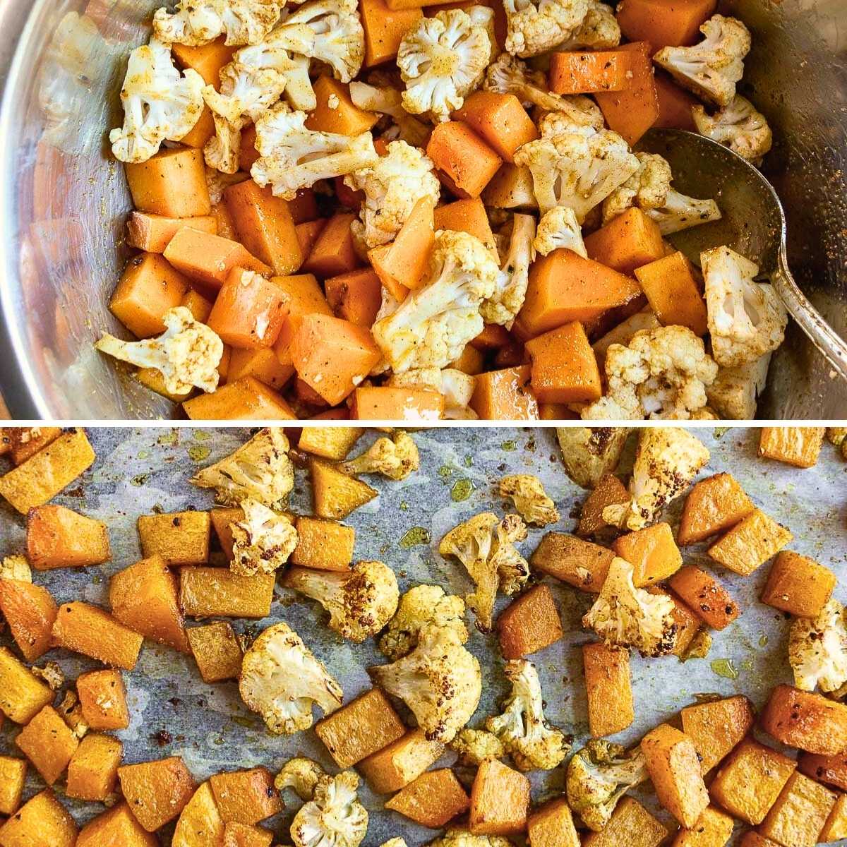 Vegetables on a baking sheet before and after roasted.