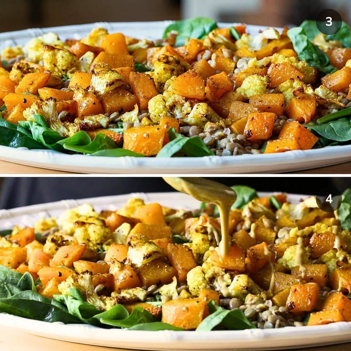 Topping the warm autumn salad with the tahini dressing.