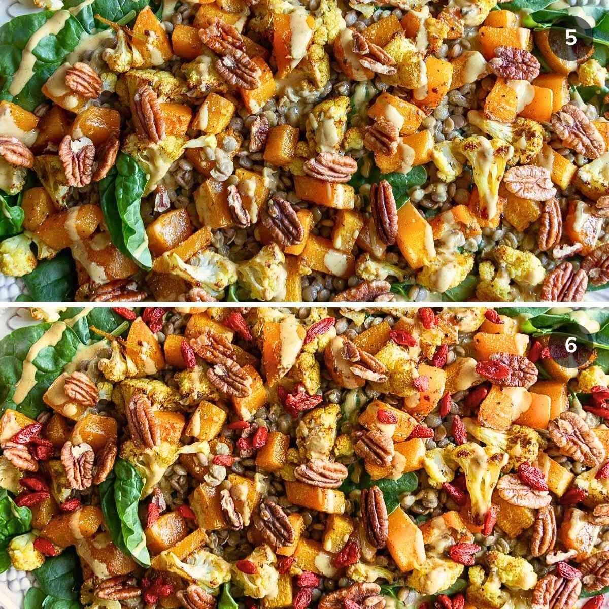 Topping the fall salad with maple pecans and goji berries.