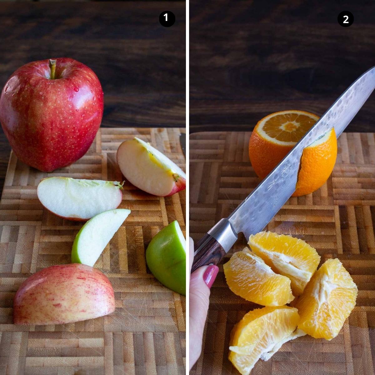 Cutting up apples and removing peel from oranges.