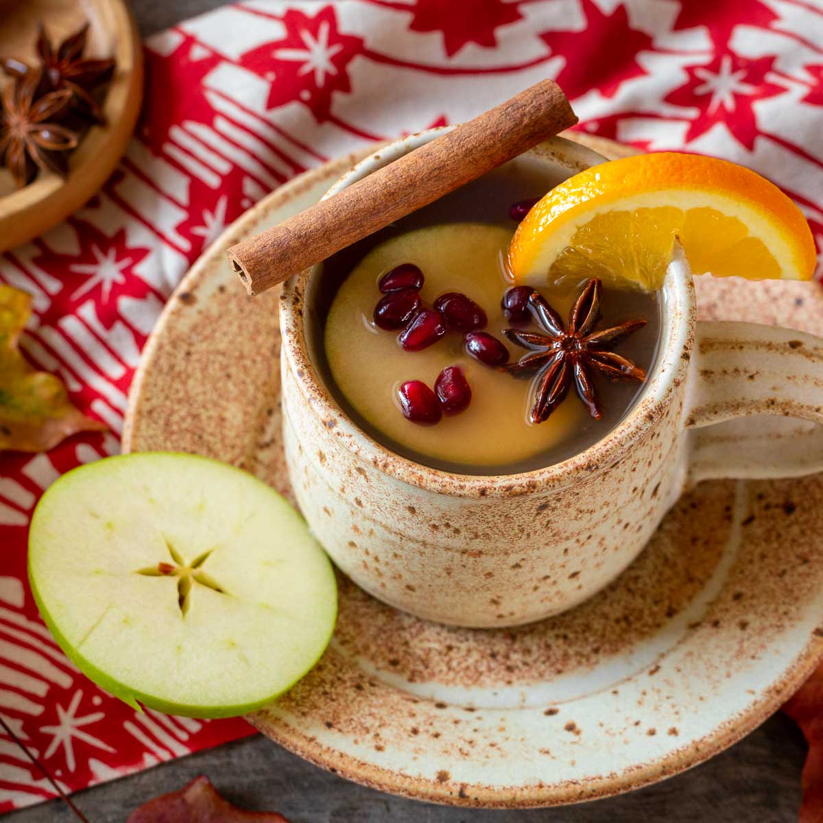 Homemade apple cider in a pottery cup garnished with a cinnamon twill, star anise, orange and pomegranate seeds.s.