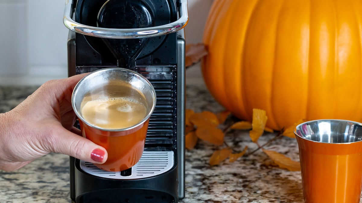 Double shot of espresso with a Nespresso coffee machine.