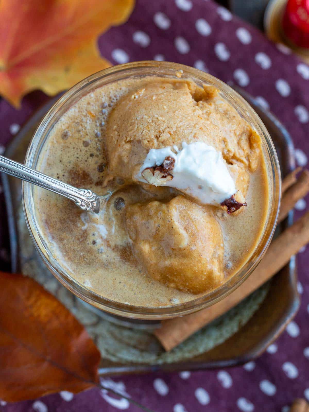 Spoon in affogato showing how the ice cream starts to melt in the espresso.