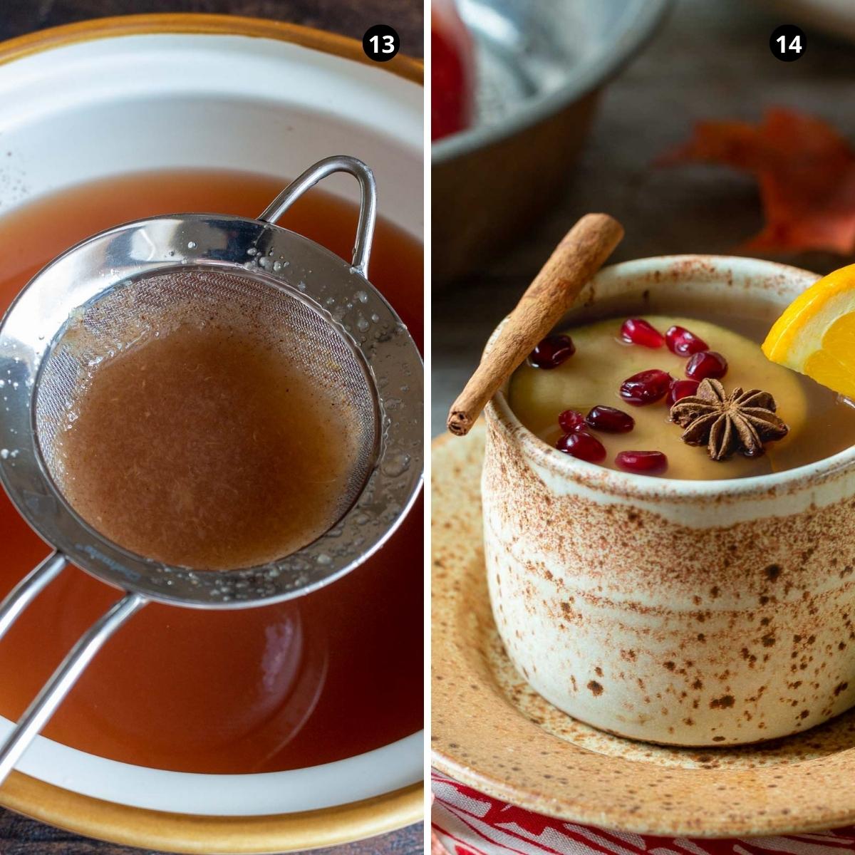 Straining homemade apple cider and garnished with cinnamon sticks and fresh apples.