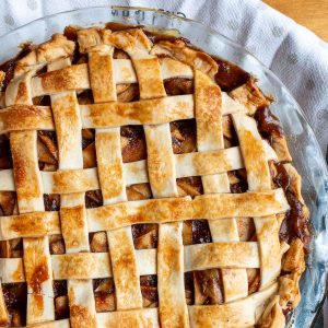 Grandma's Apple Pie hot out of the oven golden brown and bubbly.