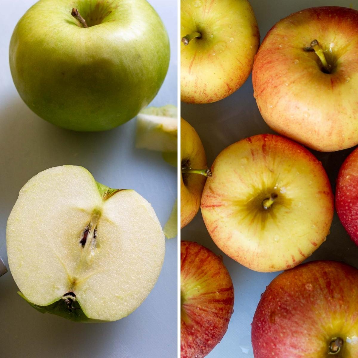 Granny smith and gala apples on a cutting board.