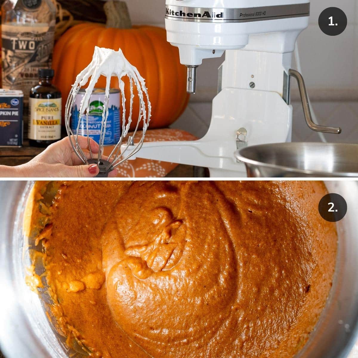 Whipped coconut cream on beaters and a bowl of the pumpkin mixture.