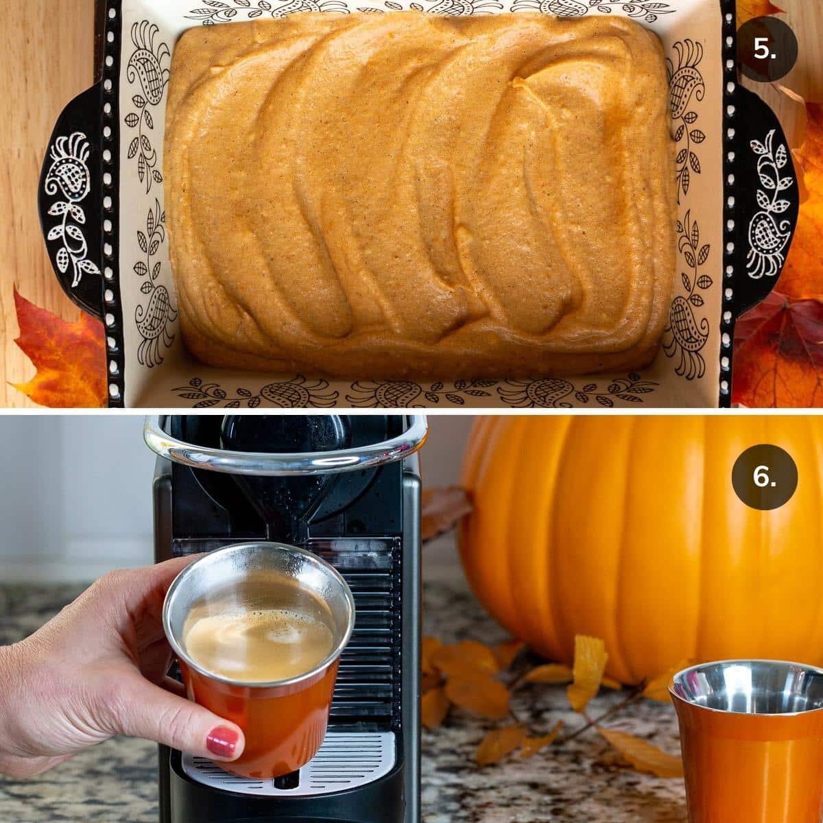 Vegan pumpkin ice cream in a pan and a a double shot of espresso.