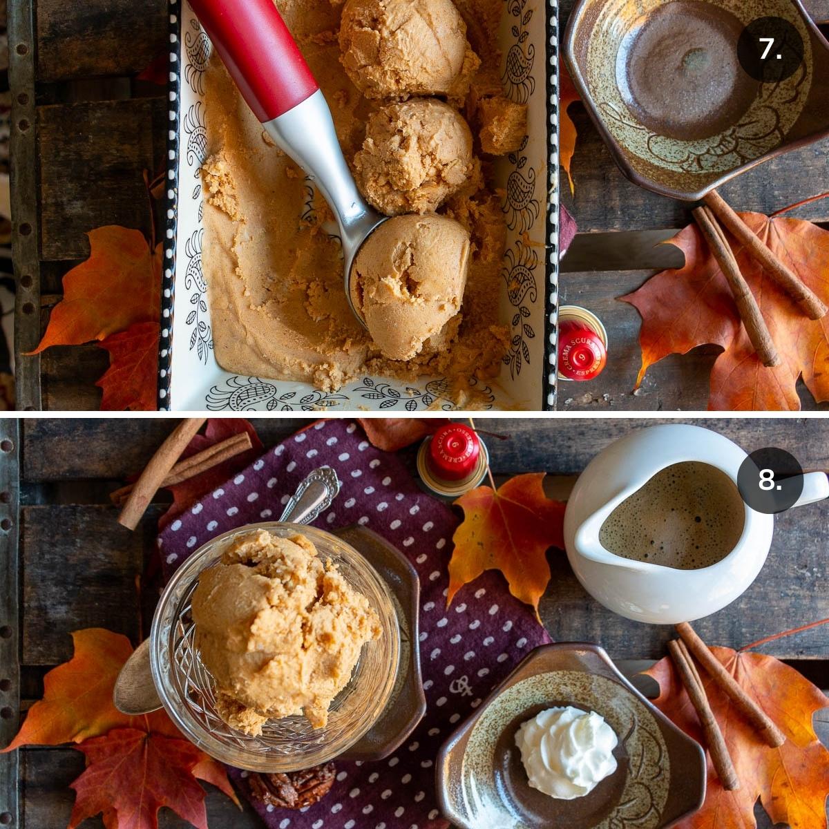 Scooping out pumpkin ice cream and placed in cups with espresso next to it. 
