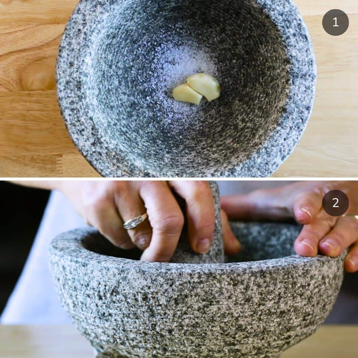 Crushing garlic and salt in a mortar and pestle.
