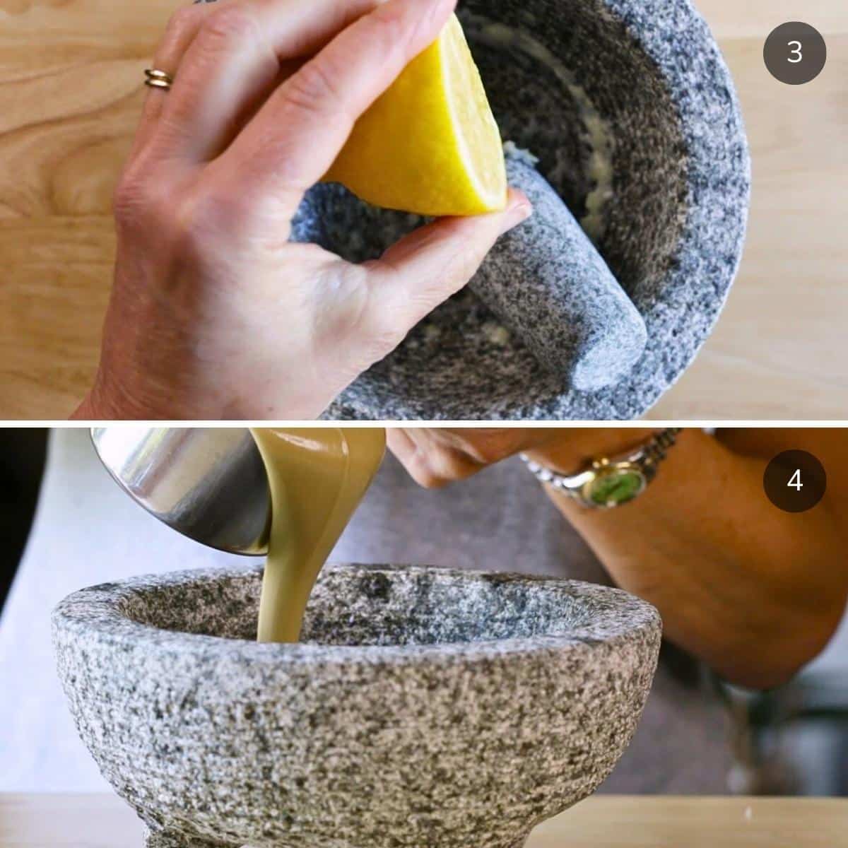 Adding lemon to garlic and pour in the thin tahini sesame paste into the bowl.