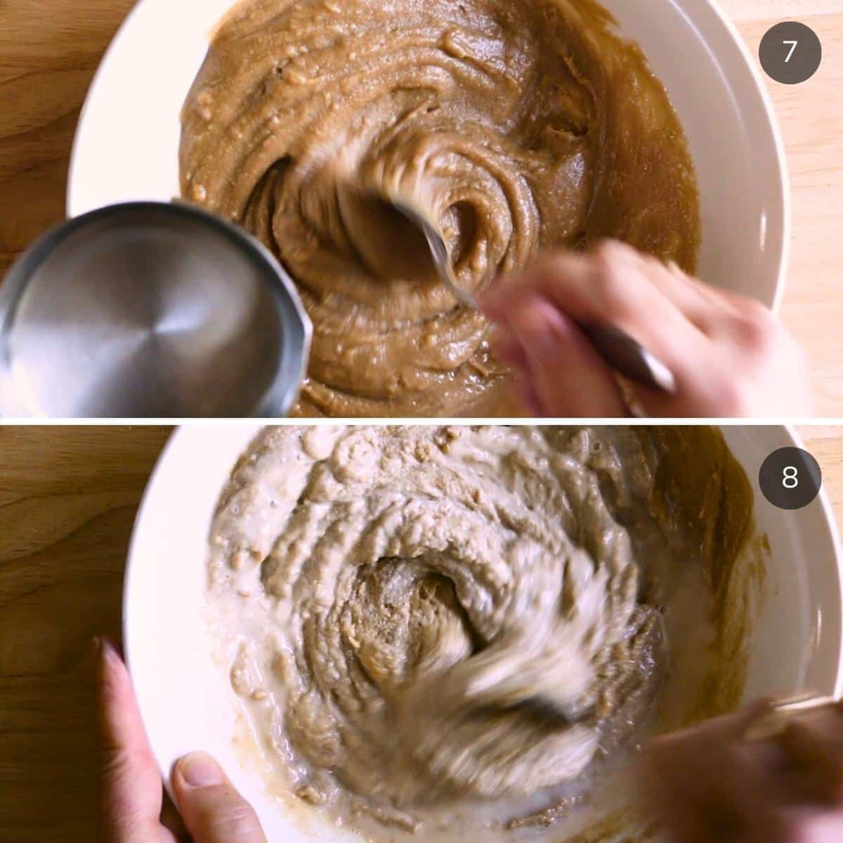 Adding water and stirring the tahini dip. Showing how it turns from a dark beige to a light beige.