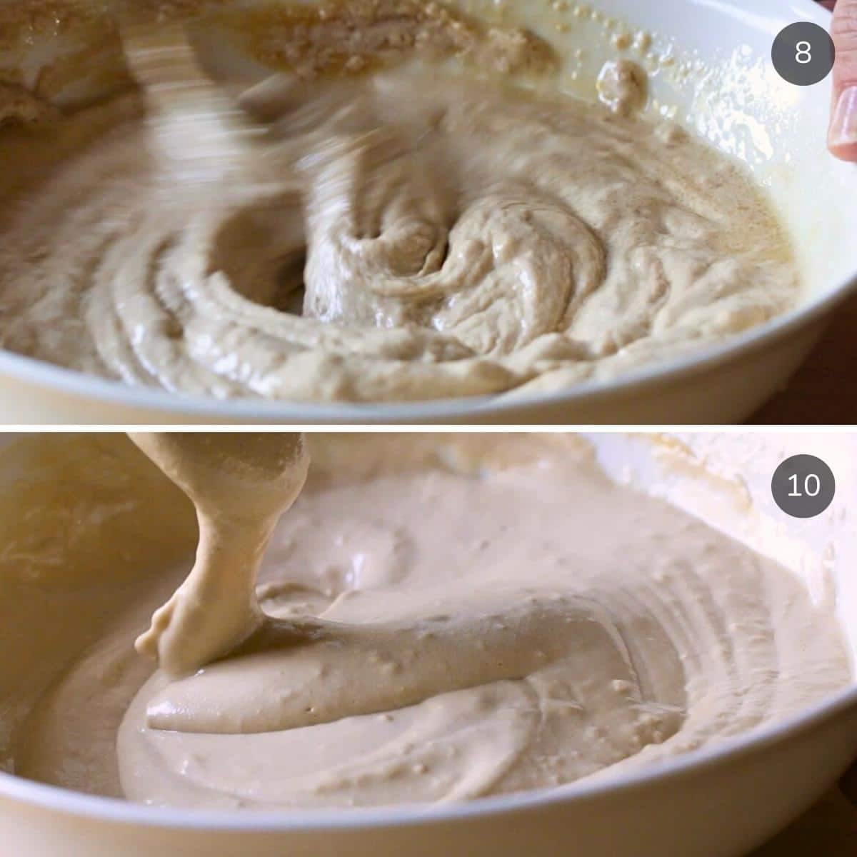 The tarator sauce turning into an emulsion, thick, airy and almost the texture of a fluffy whipped cream.