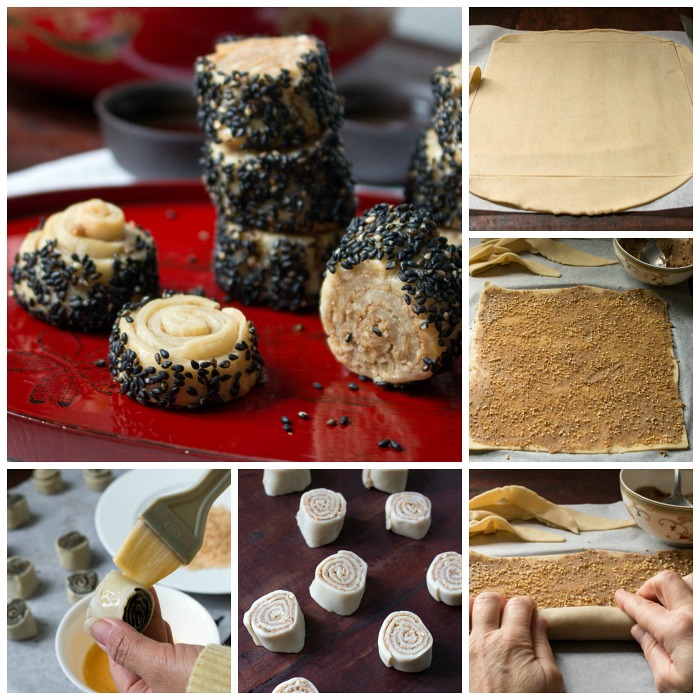 Step by step how to roll out and roll up the sesame cookies.