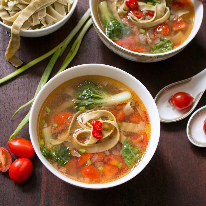 Spicy Tomato Mung Bean Noodle Soup / https://www.hwcmagazine.com