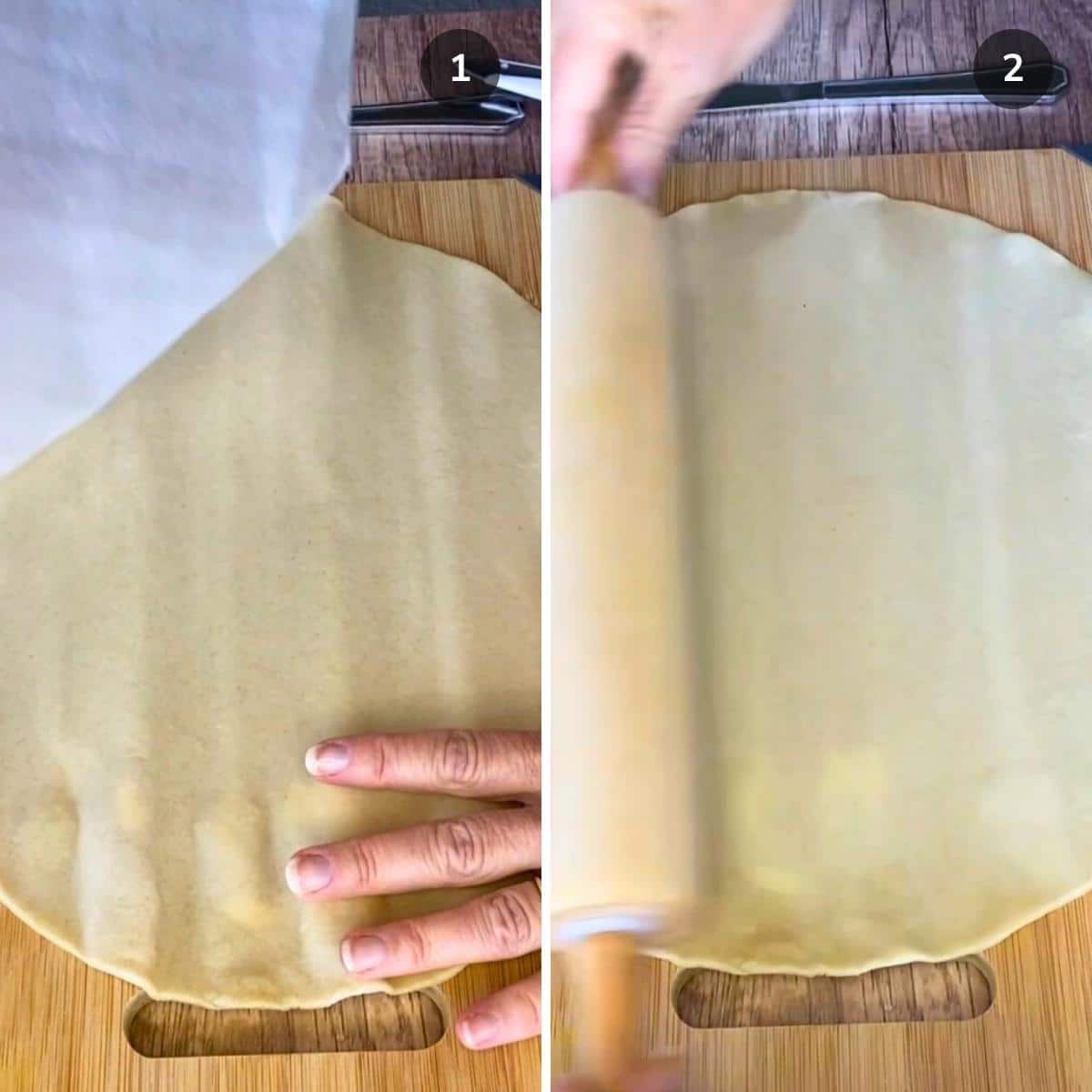 Unrolling the refrigerated pre-made pie crust dough and flattening with a rolling pin.