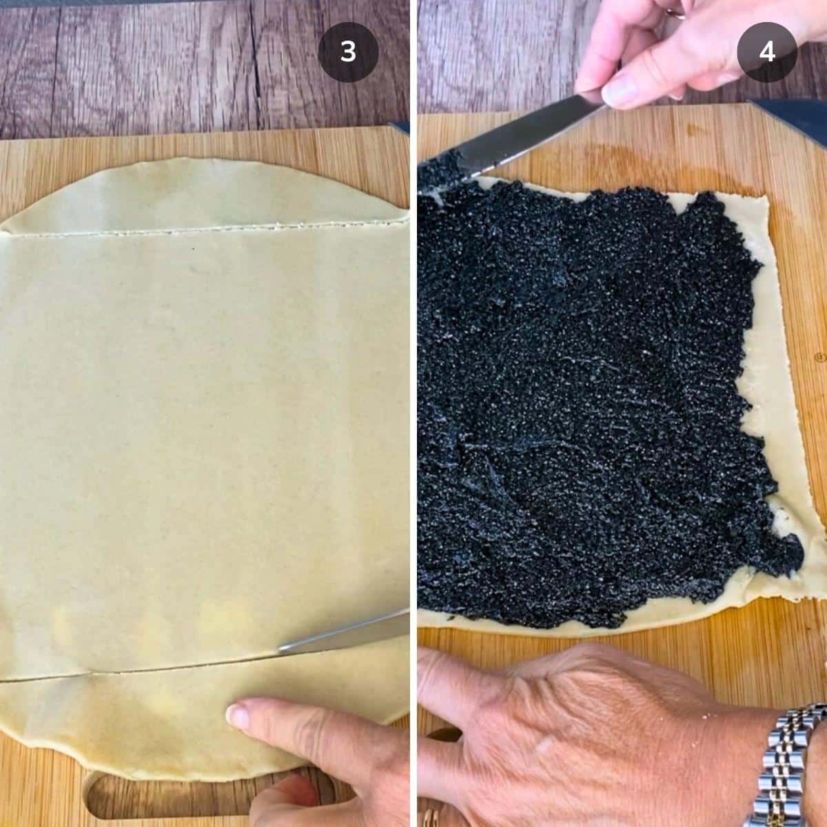 Cutting off the edges of the pie crust and slathering on the thick black sesame paste.