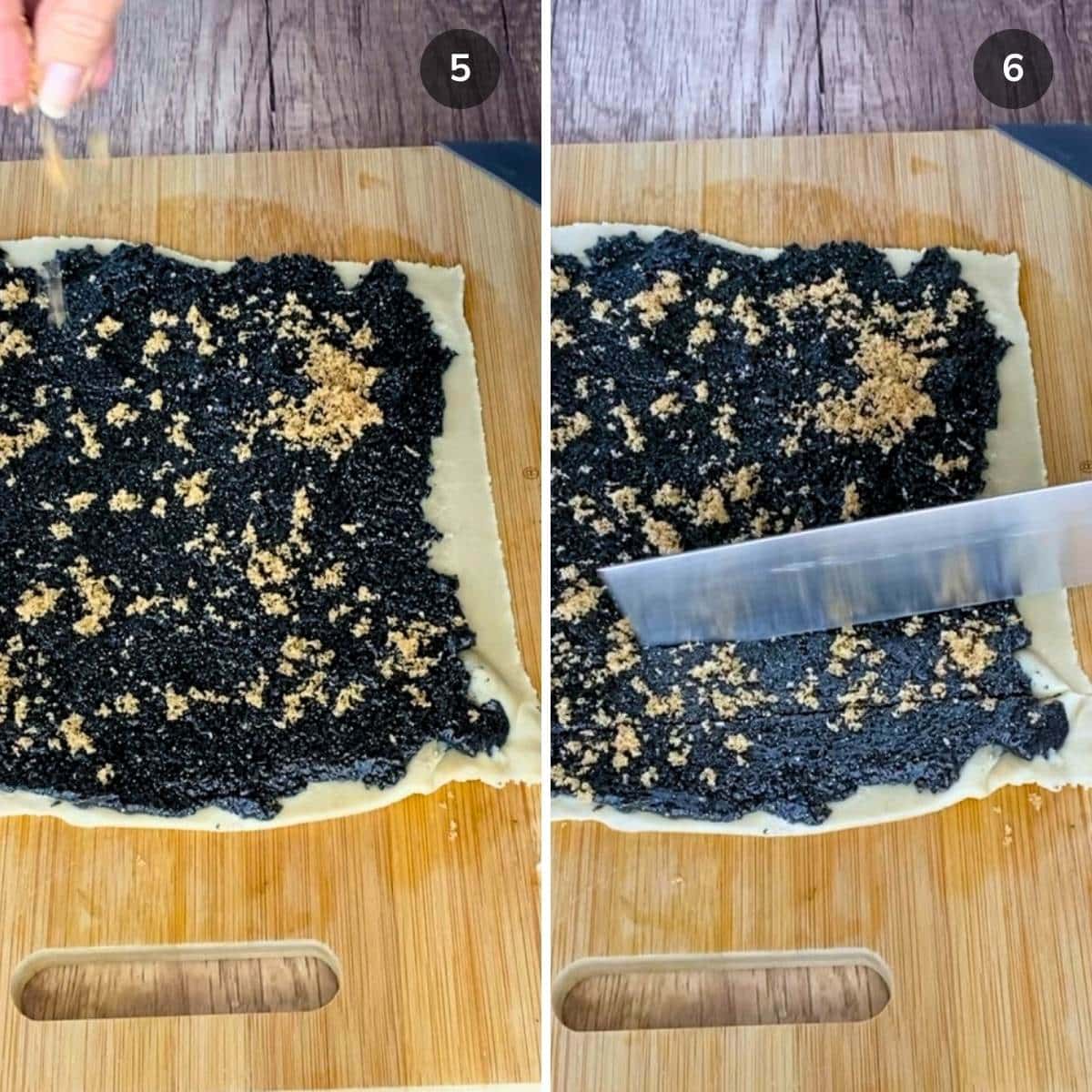 Sprinkling on brown sugar over the sesame paste and slicing the dough into 10 vertical slices.