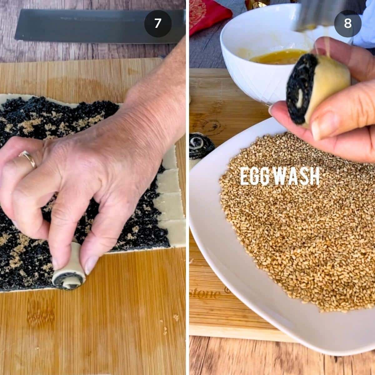 Rolling up the pinewheel cookies and adding egg wash to the edges.