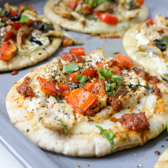 Close up shot of pita party pizzas.