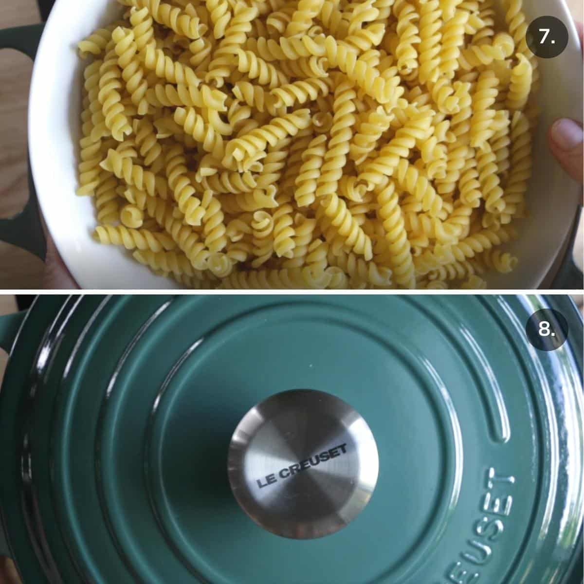 Pasta added to pot and lid placed on.