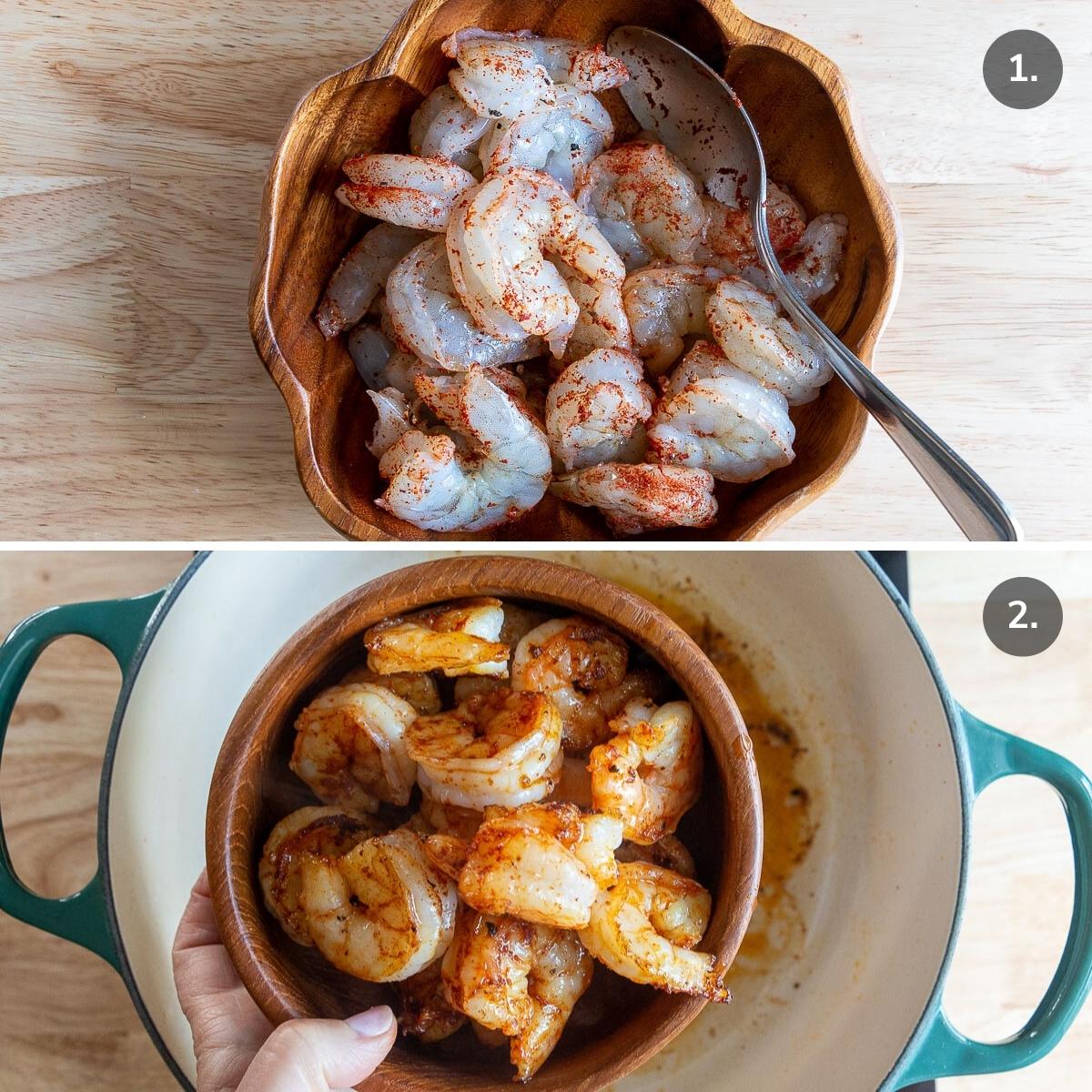 Shrimp getting seasoned and cooked.