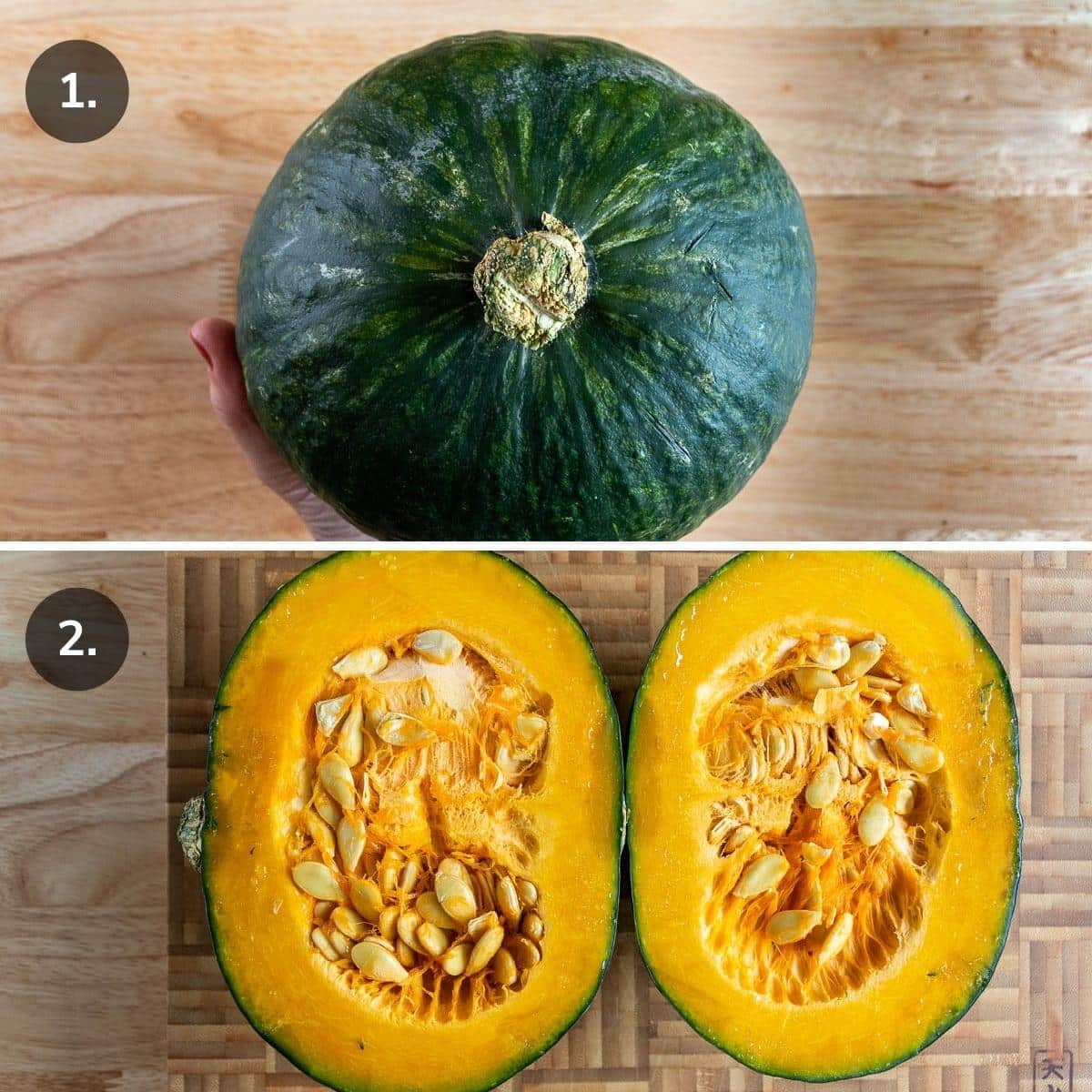 Whole kabocha squash and one in half showing the seeds.