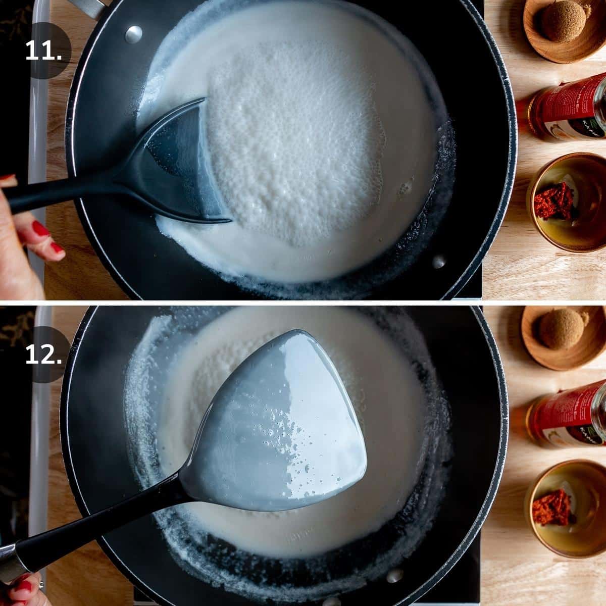 Coconut milk added to the wok and cooked until coating the back of the spatula.