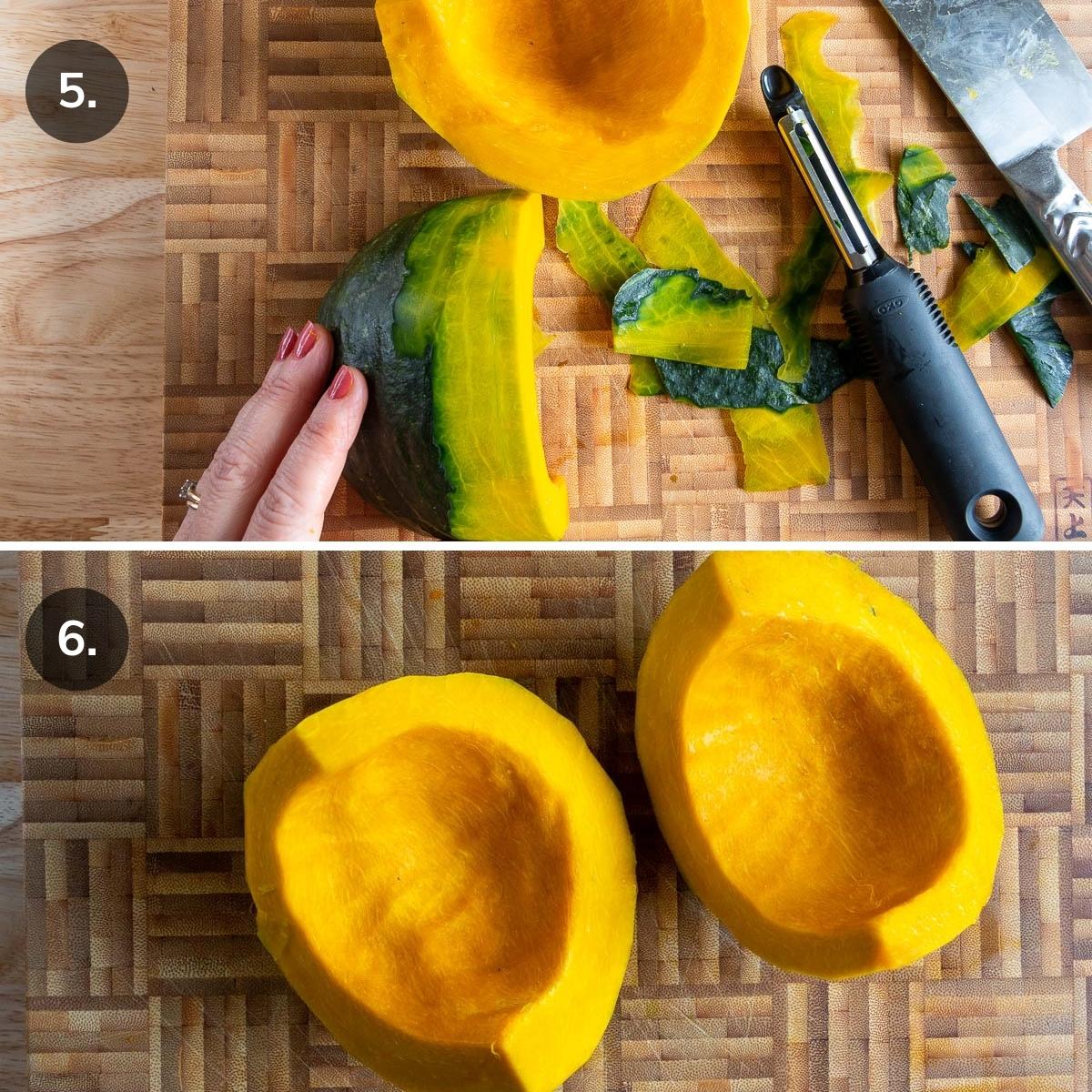 Peeling the winter squash with a peeler.