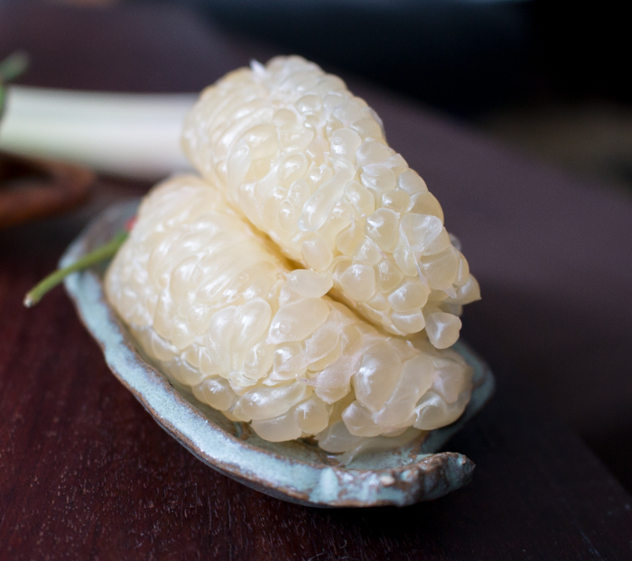 Macro shot of the 2 sections of a pomelo fruit really showing the little tiny segments within each slice.