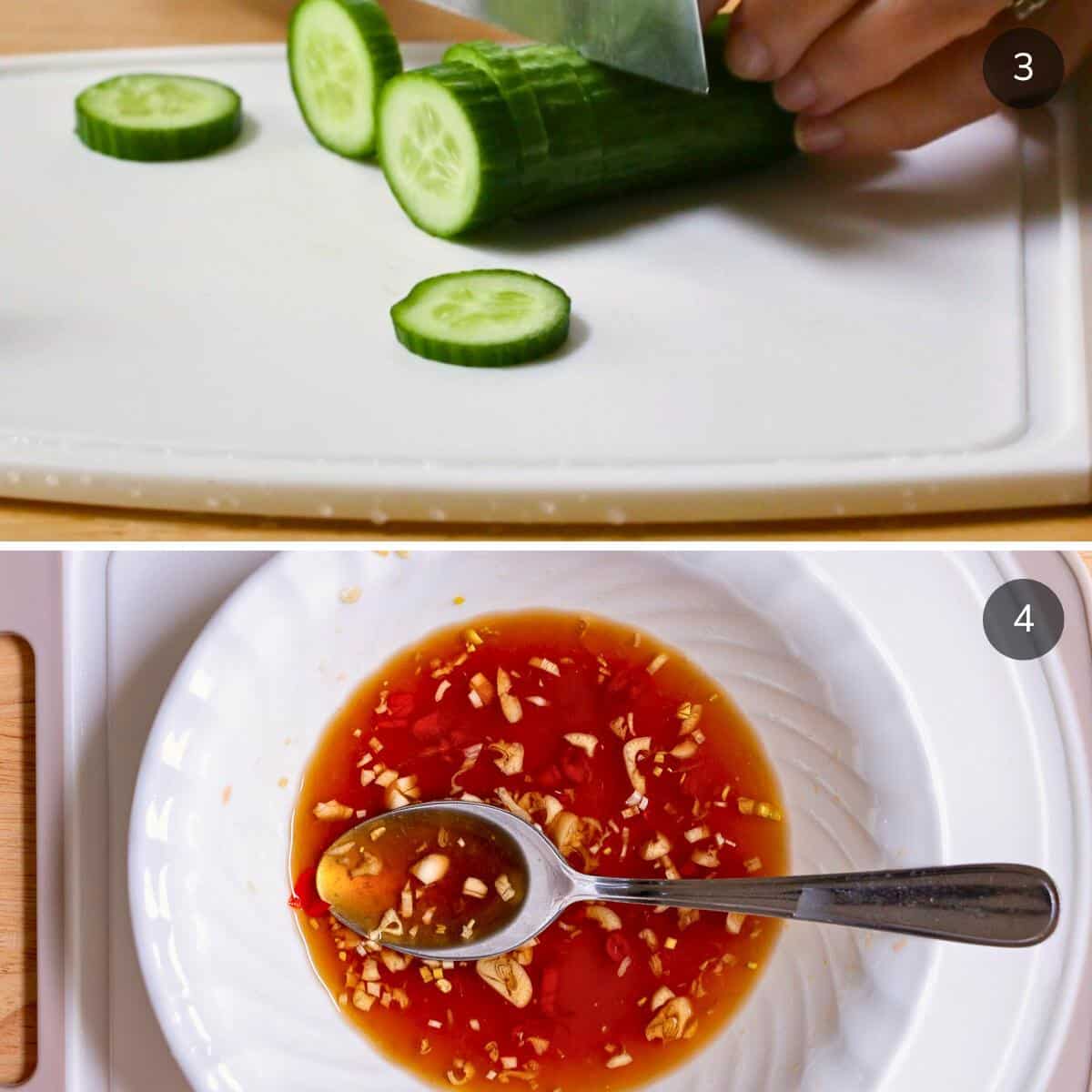 chopping a cucumber and the prepared grapefruit vinaigrette in a white bowl.
