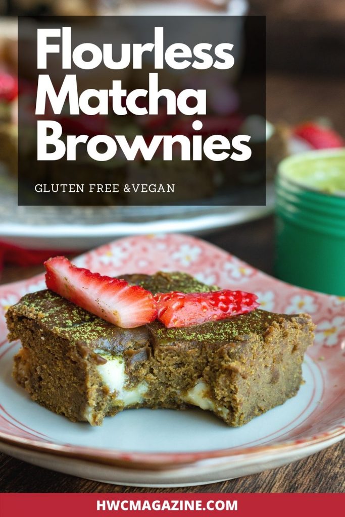 Flourless Matcha Brownies with a big bite out of one.