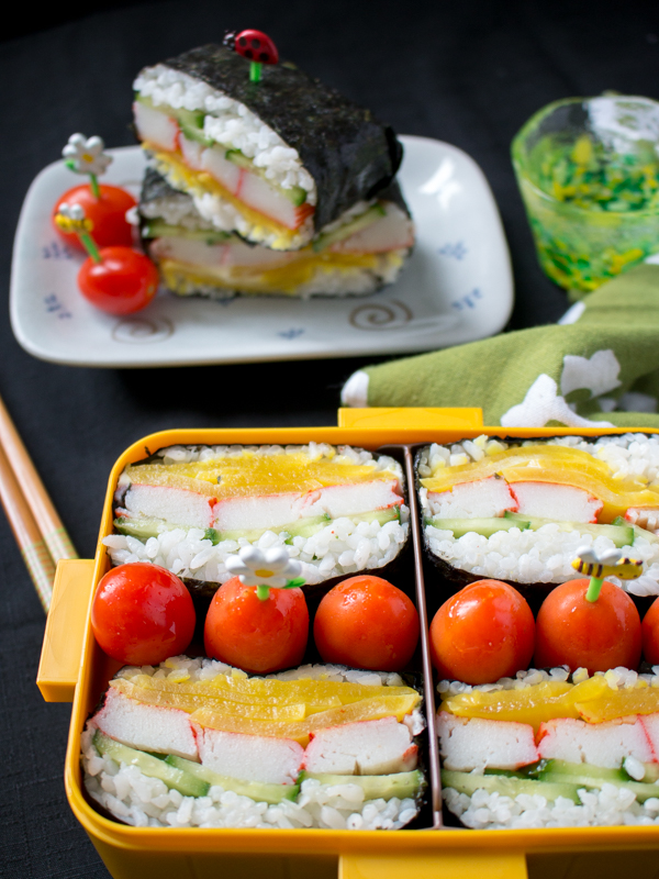 Wasabi Mayo Crab Onigirazu in a bento box.