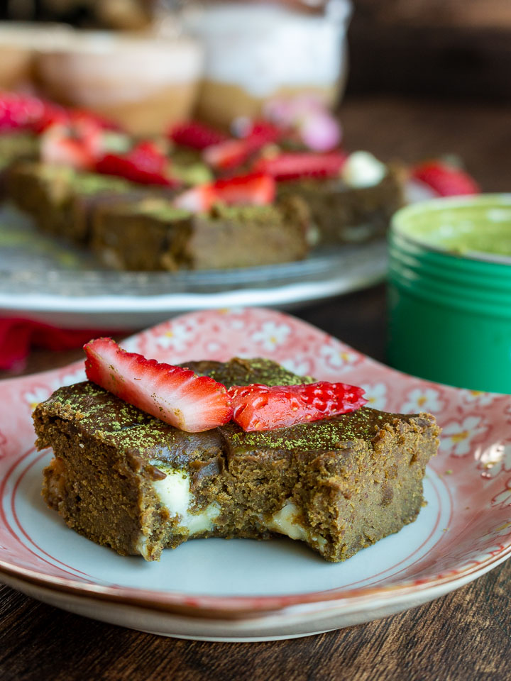 The bite shot into a green tea brownie.