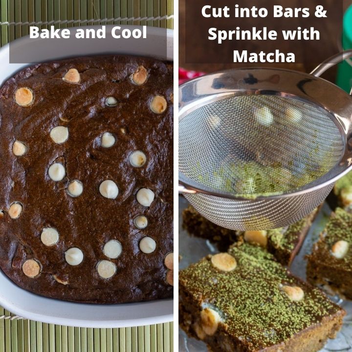 Bake matcha brownies, cool and dust with matcha powder.