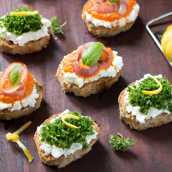 Healthy Ricotta Crostini (Topped with Gremolata or Pesto)