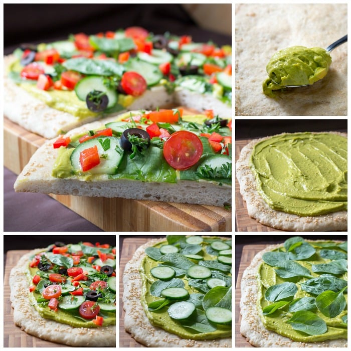 Step by step showing the steps for adding all the topping to the Guacamole pizza.