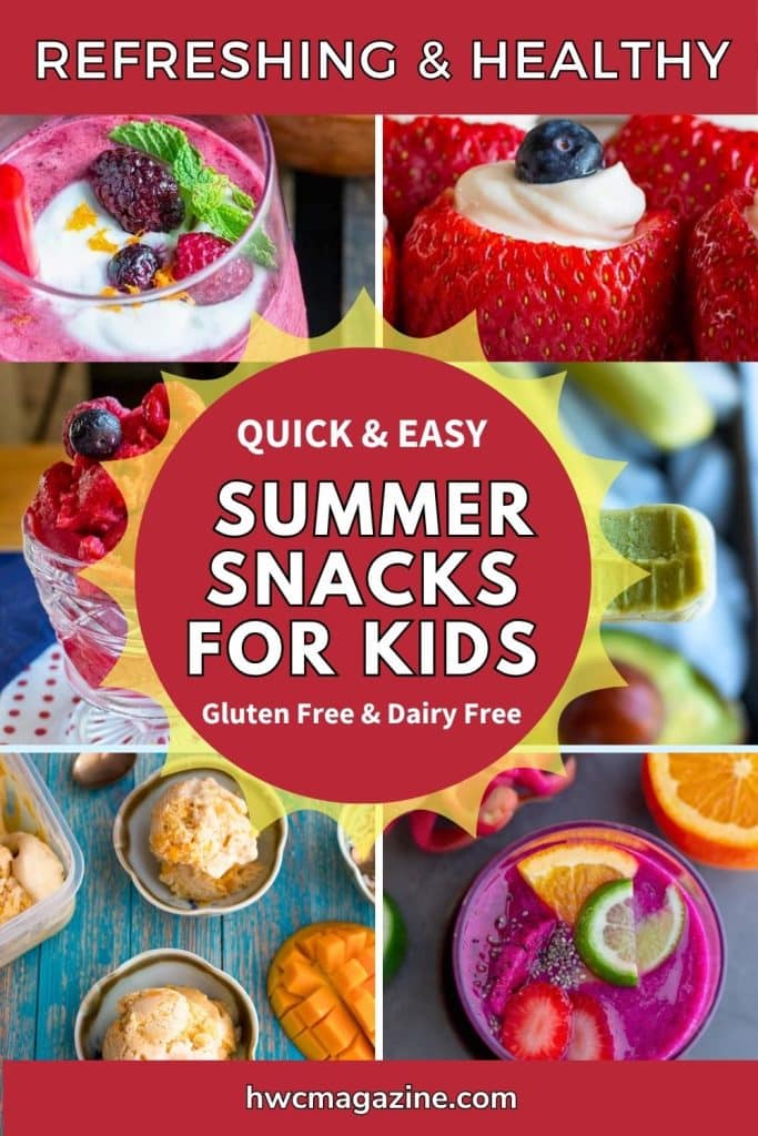 Quick and Easy healthy summer snacks for kids showing smoothies, sorbets, nice cream, popsicles for a warm summer day.