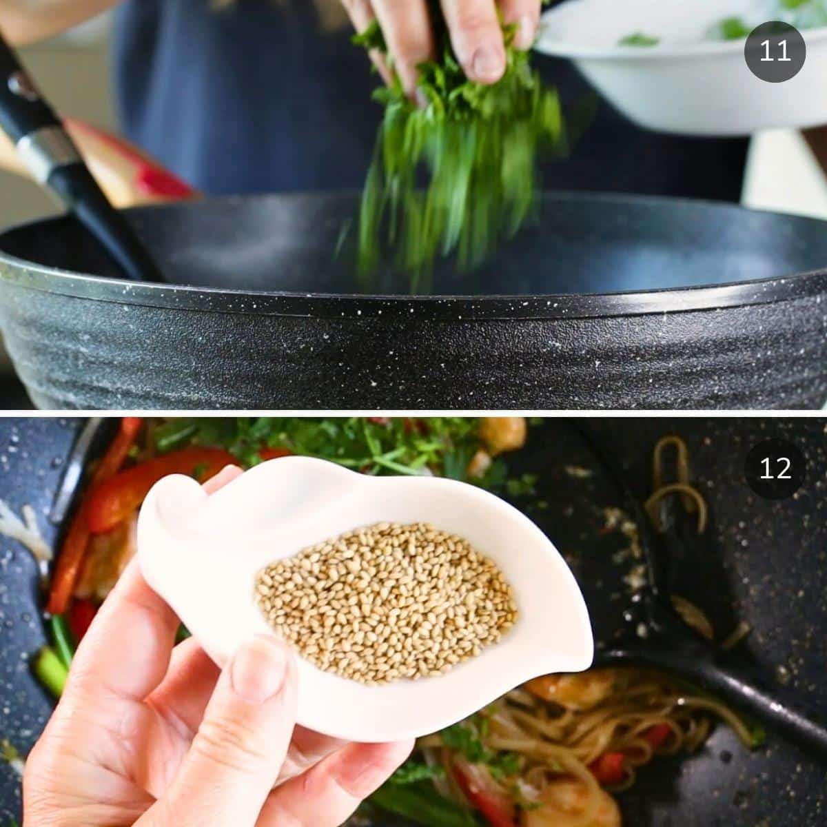 Adding in chopped cilantro and sesame seeds into the stir fried noodles. 