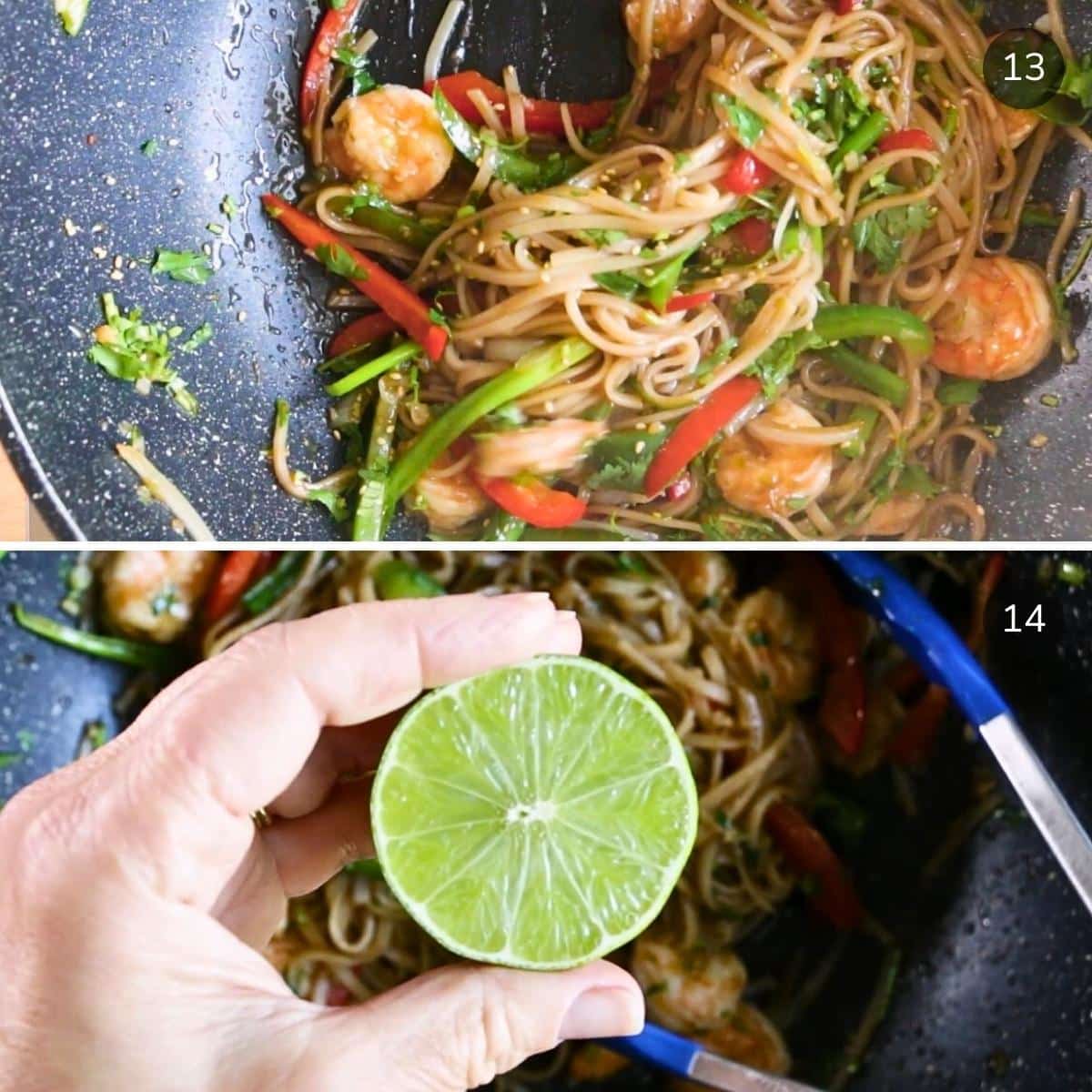 Stir frying the shrimp noodles and adding in a little fresh lime juice. 