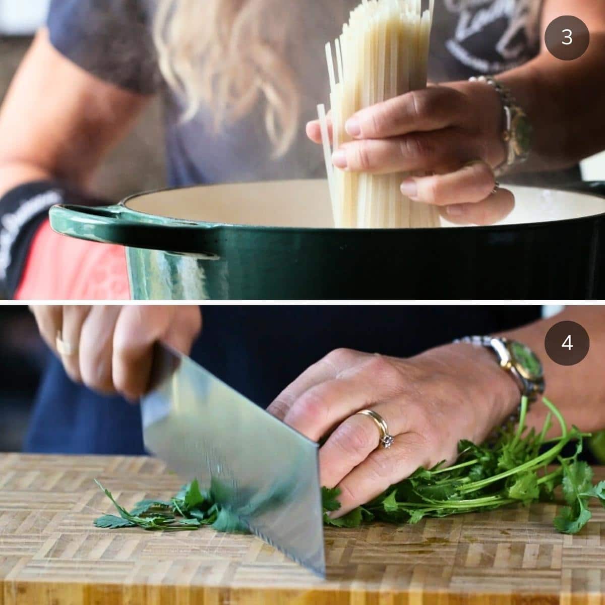 Cooking rice noodles and chopping cilantro.